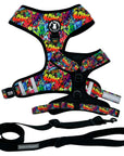 Dog Harness and  Leash Set - in multi-colored street graffiti  with large black adjustable dog leash - against a solid white background - Wag Trendz