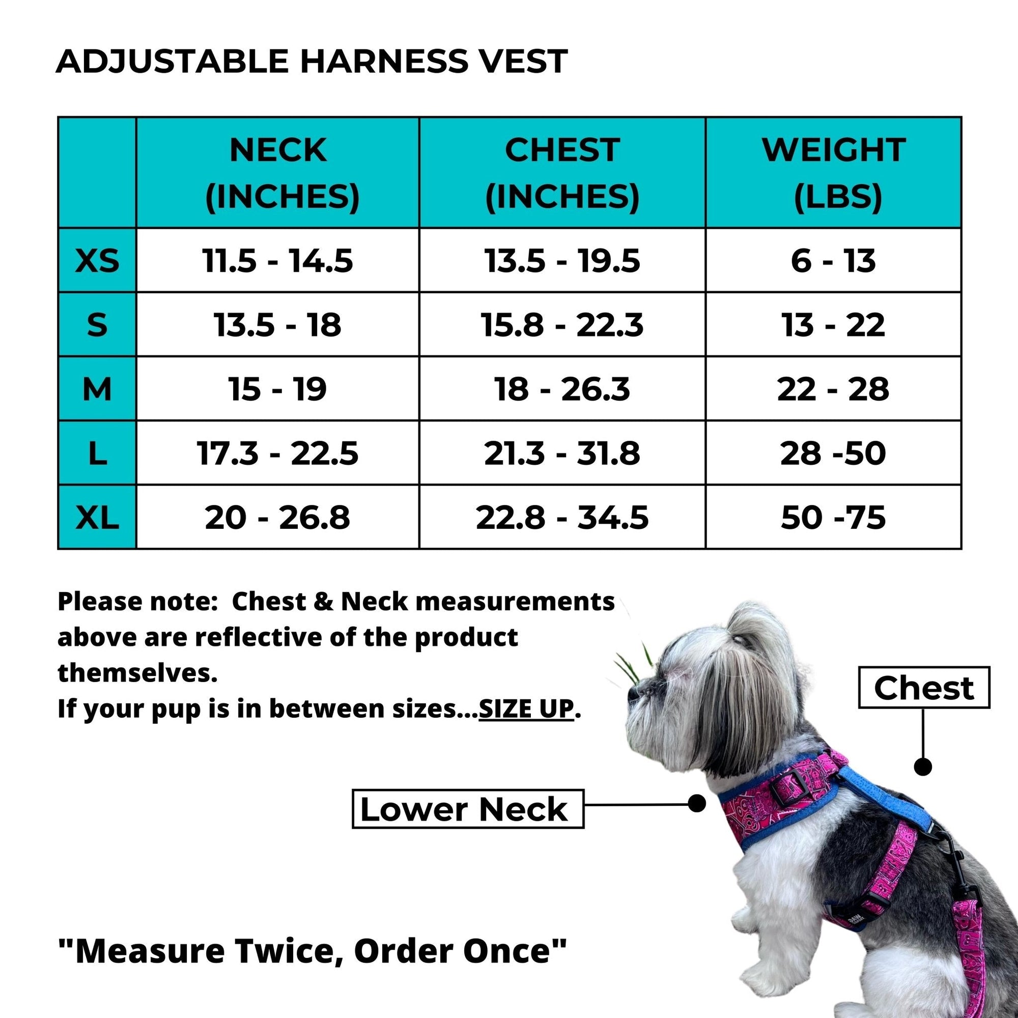 Dog Harness and Leash Set - Adjustable Harness Vest Size Chart - Wag Trendz