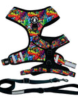 Dog Harness and Leash Set - multi-colored Street Graffiti Dog Harness Vest  - with a medium sized black adjustable dog leash - against a solid white background - Wag Trendz