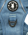 Dog Harness With Handle - No Pull - Downtown Denim Dog Harness - close up of chest side of harness showing rubber logo and the no pull leash attachment - against solid white background - Wag Trendz