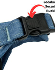 Dog Harness With Handle - No Pull - Downtown Denim Dog Harness - close up of back side of harness showing the lockable security buckle - against solid white background - Wag Trendz