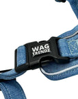 Dog Harness With Handle - No Pull - Downtown Denim Dog Harness - close up of back side of harness showing the logo security buckle - against solid white background - Wag Trendz