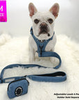 Dog Harness With Handle - No Pull - French Bulldog wearing a Medium Downtown Denim Dog Harness with Handle with a matching leash and poop bag holder attached - against solid white background - Wag Trendz