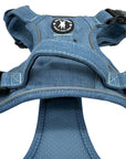 Dog Harness With Handle - No Pull - Downtown Denim Dog Harness - back side with close up of handle - against solid white background - Wag Trendz