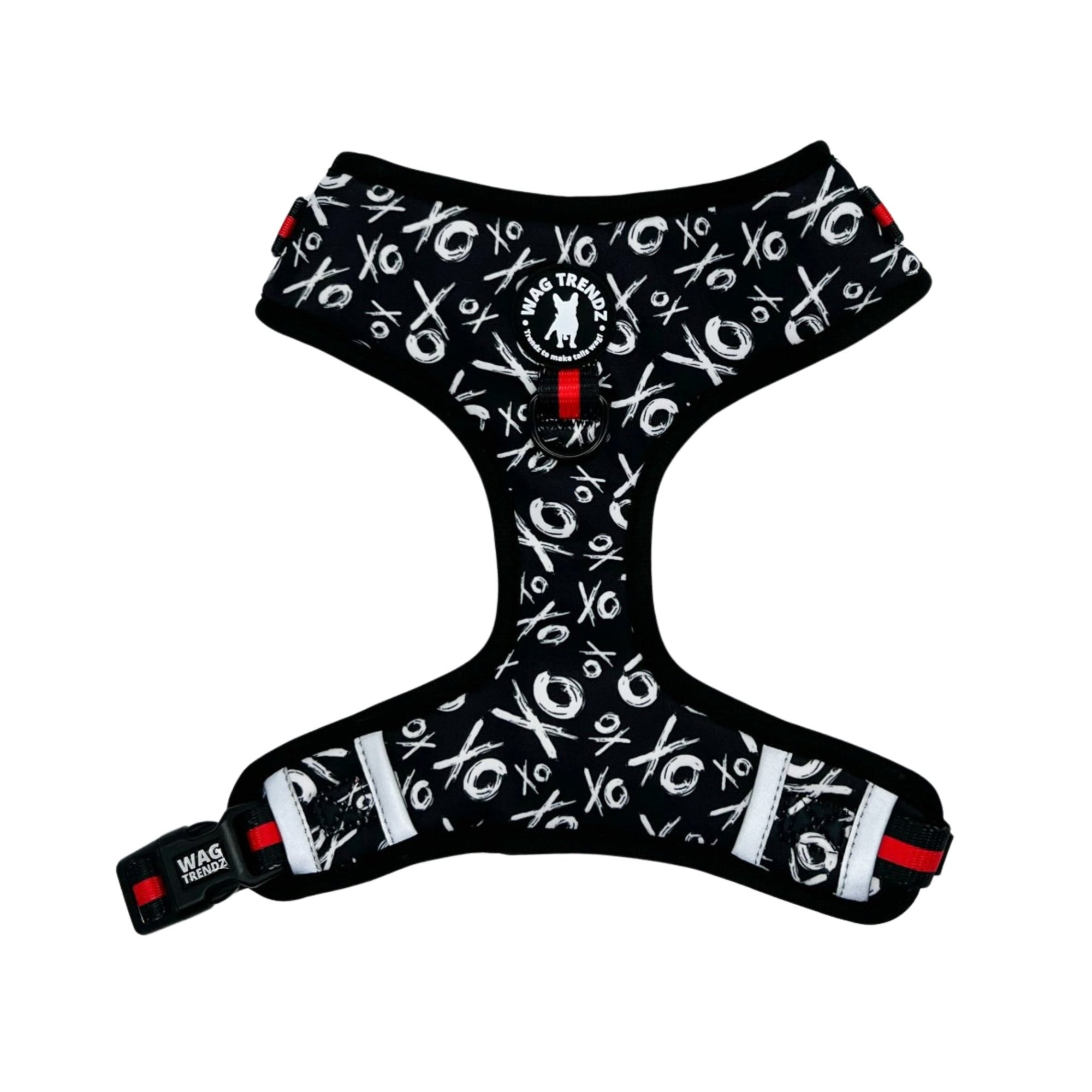 Dog Harness Vests - Adjustable - Front Clip - black with white XO&#39;s on a dog adjustable harness with red accents - front and back - Wag Trendz