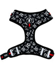 Dog Harness Vests - Adjustable - Front Clip - black with white XO's on a dog adjustable harness with red accents - front and back - Wag Trendz