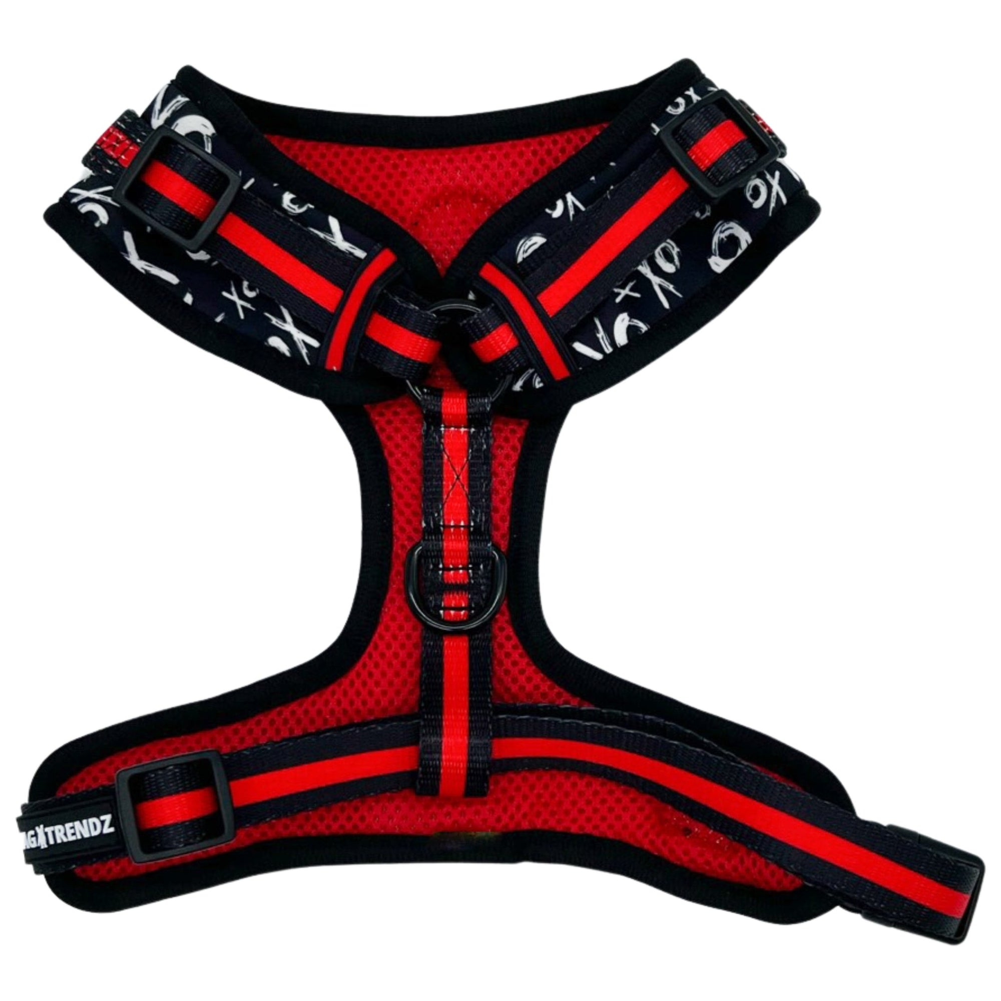 Dog Harness Vest - Adjustable - Front Clip - black with white XO&#39;s on a dog adjustable harness with red accents - back view - Wag Trendz