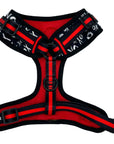 Dog Harness Vest - Adjustable - Front Clip - black with white XO's on a dog adjustable harness with red accents - back view - Wag Trendz