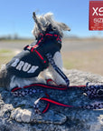 Dog Harness Vest - Adjustable - Front Clip - Little dog wearing black with white XO's with red accents  and Bruh graphic dog tank- back view - sitting on a rock - Wag Trendz