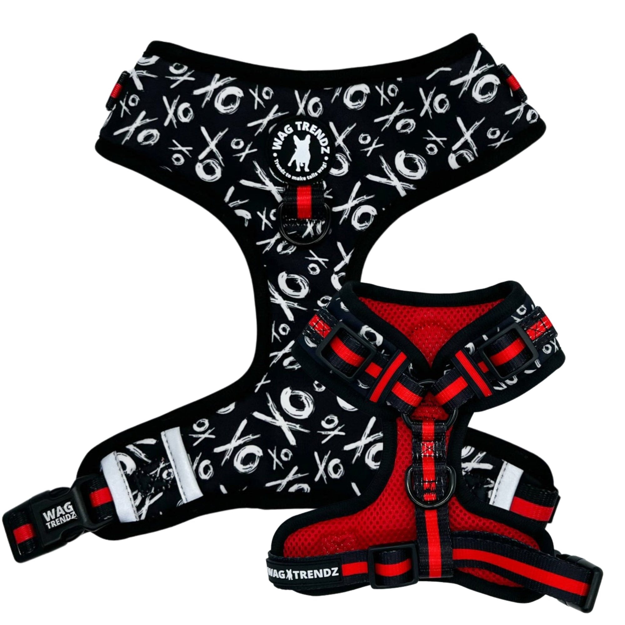 Dog Harness Vests - Adjustable - Front Clip - black with white XO&#39;s on a dog adjustable harness with red accents - front and back - Wag Trendz