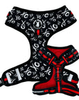 Dog Harness Vests - Adjustable - Front Clip - black with white XO's on a dog adjustable harness with red accents - front and back - Wag Trendz