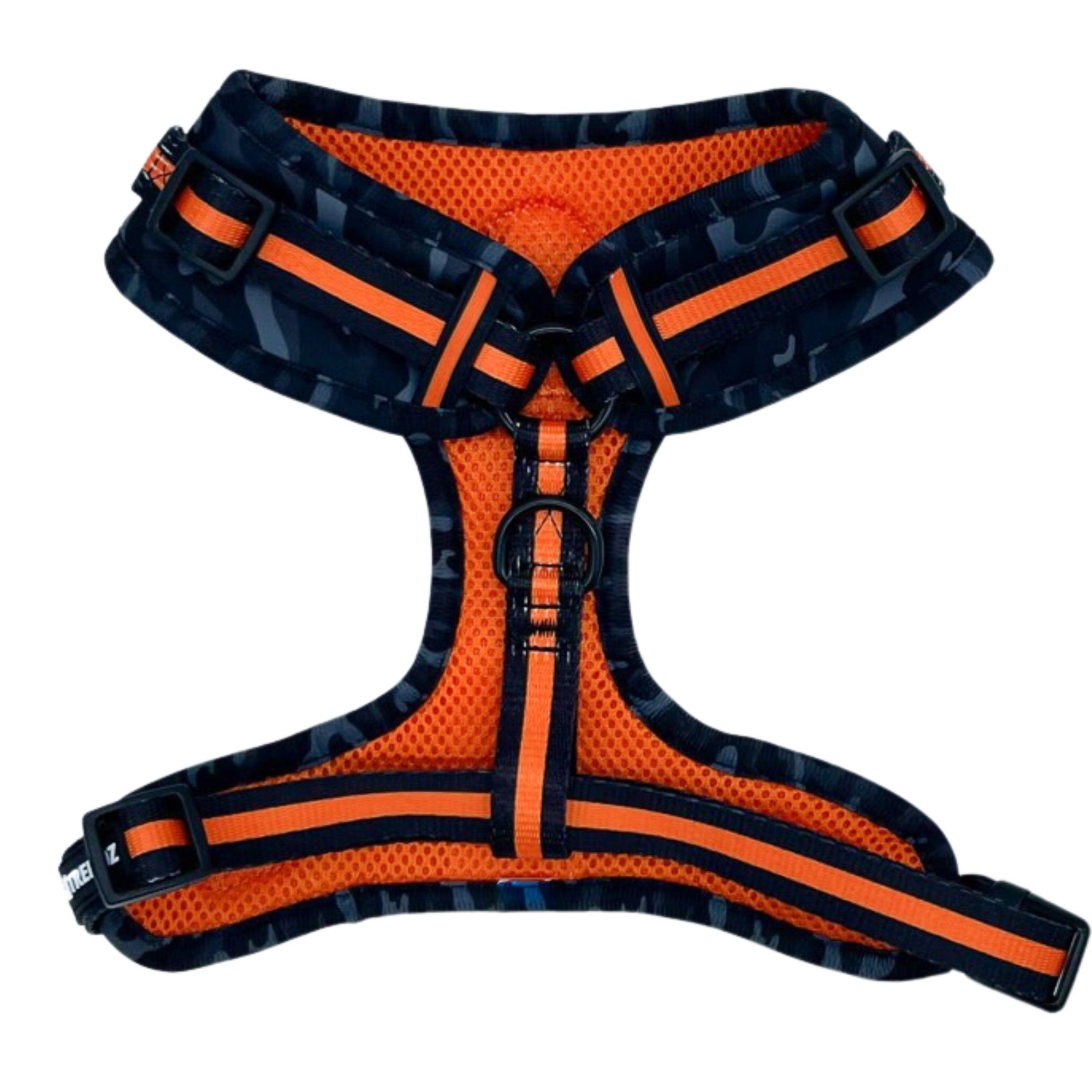 No Pull Dog Harness - black and gray camo with orange accents on dog adjustable harness - back side view against a white background - Wag Trendz