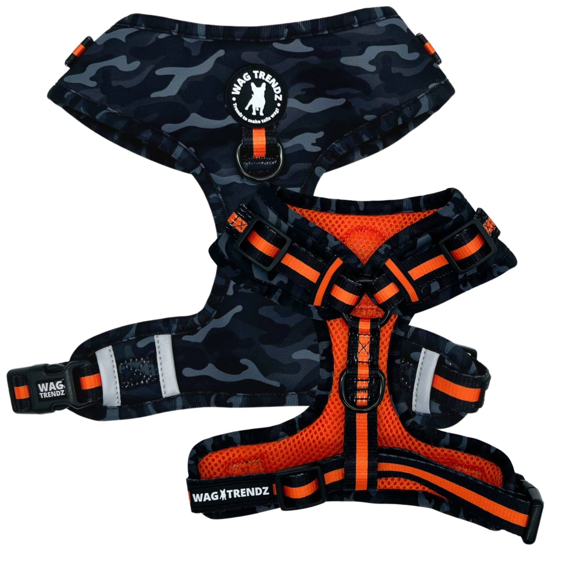 No Pull Dog Harness - black and gray camo dog adjustable harness with front clip and orange accents - front & back view - Wag Trendz