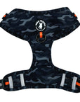 No Pull Dog Harness - black and gray camo with orange accents on dog adjustable harness with front clip - chest side view against a white background - Wag Trendz