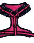 No Pull Dog Harness - black and gray camo adjustable harness with hot pink accents and a front clip for pull training - back view against a solid white background - Wag Trendz