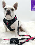 No Pull Dog Harness - French Bulldog wearing black and gray camo adjustable harness with hot pink accents and a front clip for pull training and a matching leash and poop bag holder attached- against a solid white background - Wag Trendz