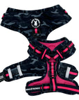 No Pull Dog Harness - black and gray camo adjustable harness with hot pink accents and a front clip for pull training - chest & back view against a solid white background - Wag Trendz