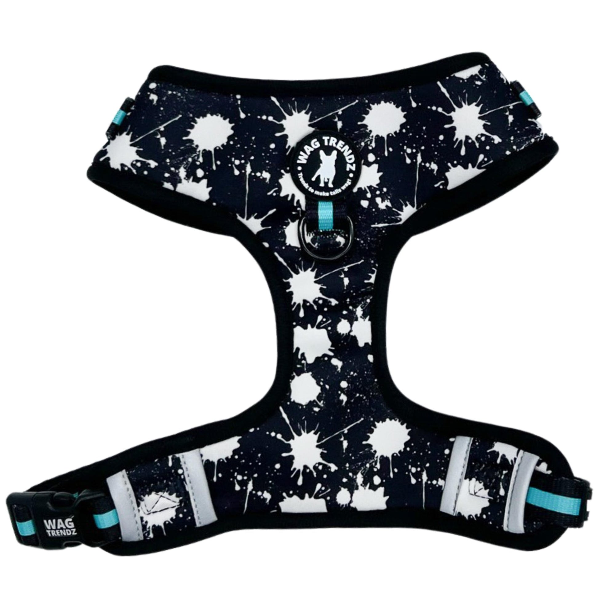 No Pull Dog Harness - black adjustable harness with white paint splatter and teal accents - front clip for no pull training - against a solid white background - Wag Trendz