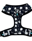 No Pull Dog Harness - black adjustable harness with white paint splatter and teal accents - front clip for no pull training - against a solid white background - Wag Trendz