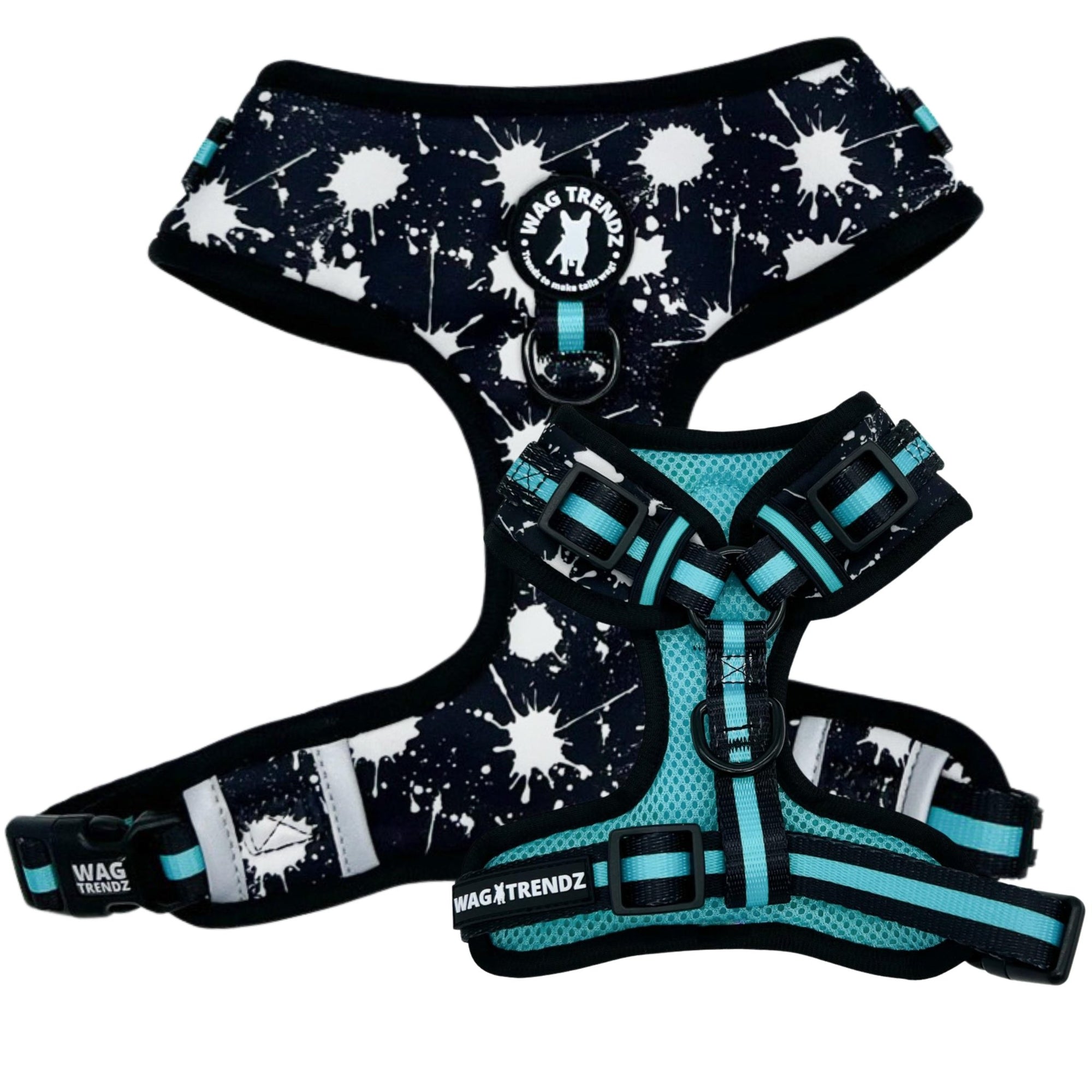 No Pull Dog Harness - black adjustable harness with white paint splatter and teal accents - front clip for no pull training - against a solid white background - Wag Trendz