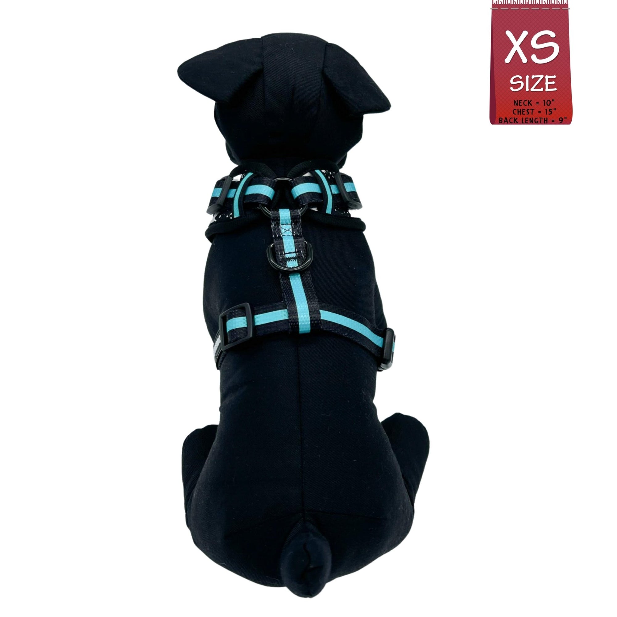 No Pull Dog Harness - black stuffed dog model wearing black adjustable harness with white paint splatter and teal accents - against a solid white background - Wag Trendz