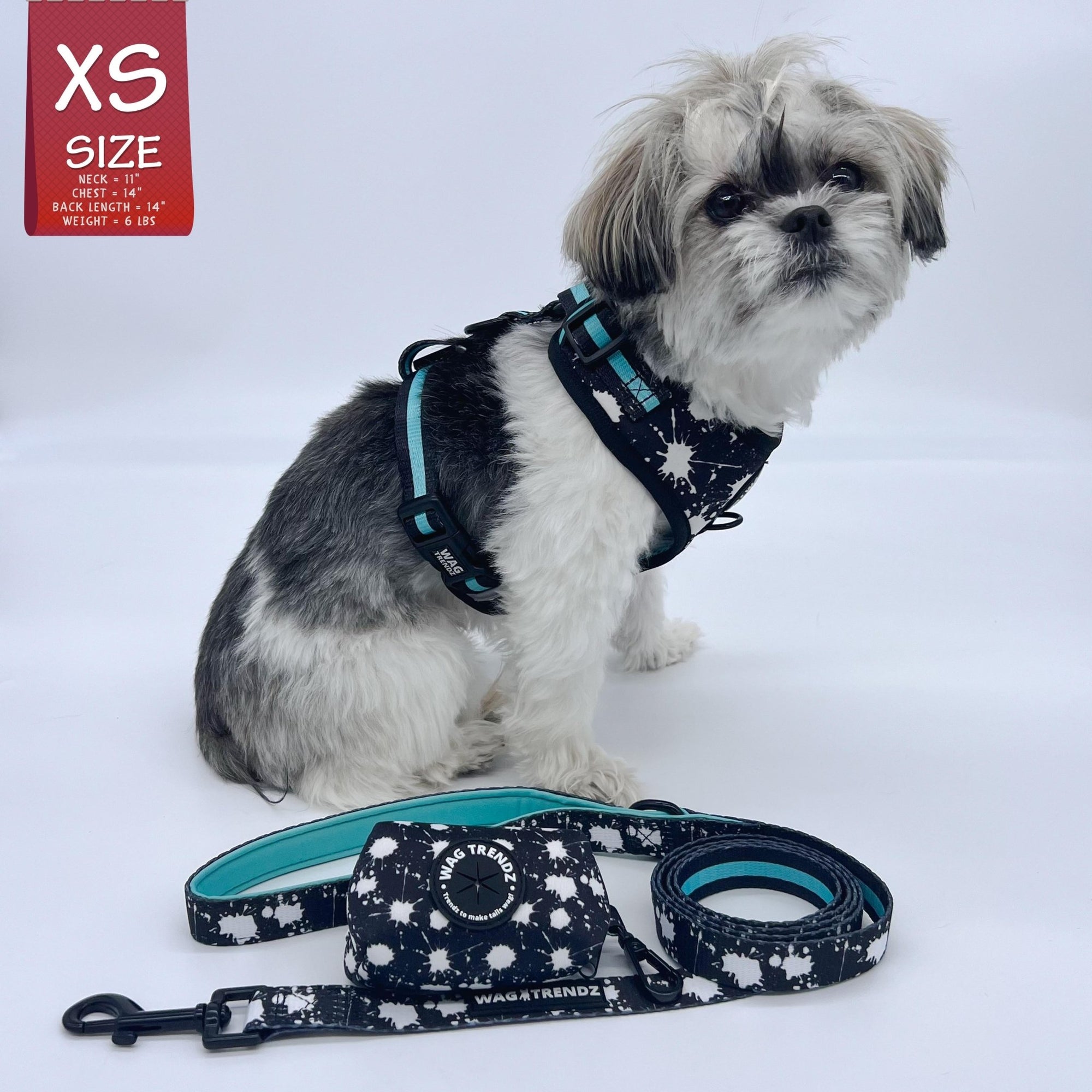 No Pull Dog Harness - Shih Tzu mix wearing black adjustable harness - white paint splatter and teal accents with matching dog leash and poo bag holder  - against a solid white background - Wag Trendz