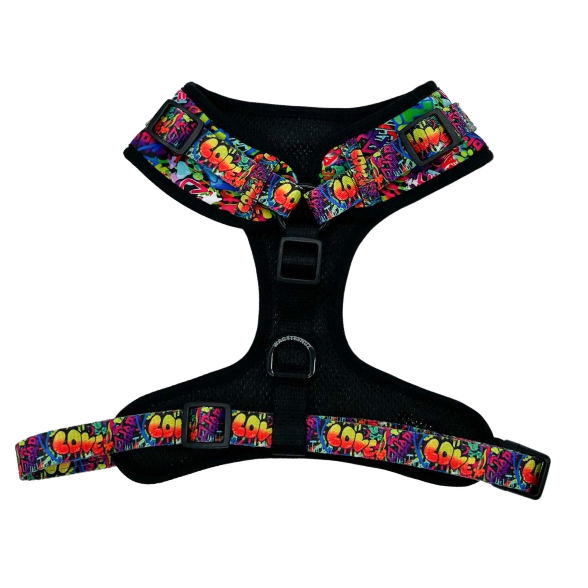 No Pull Dog Harness - Adjustable - Front Clip - multi-colored street graffiti on dog harness against solid white background - back view - Wag Trendz