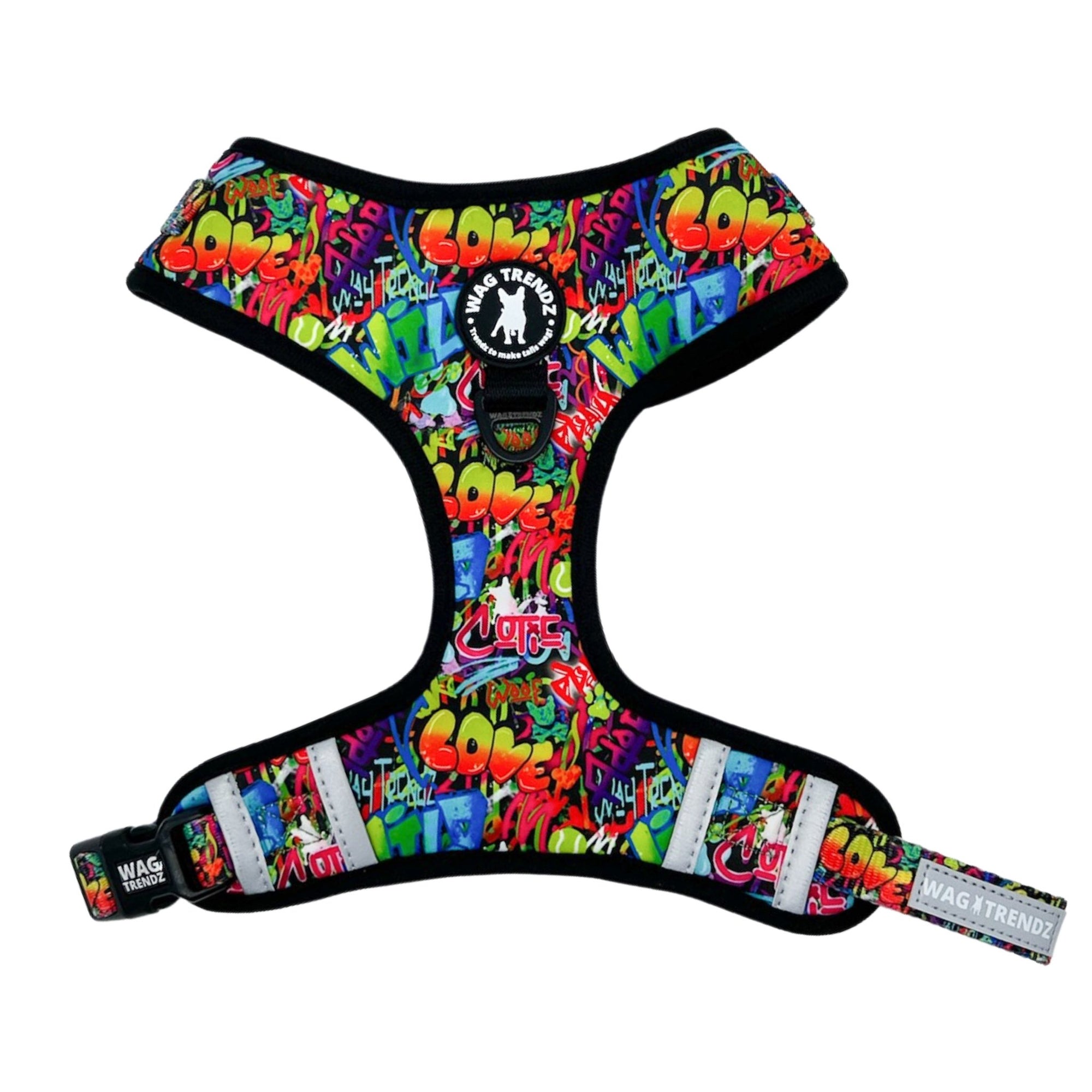 No Pull Dog Harness - Adjustable - Front Clip - multi-colored street graffiti on dog harness against solid white background - chest view - Wag Trendz