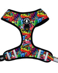 No Pull Dog Harness - Adjustable - Front Clip - multi-colored street graffiti on dog harness against solid white background - chest view - Wag Trendz