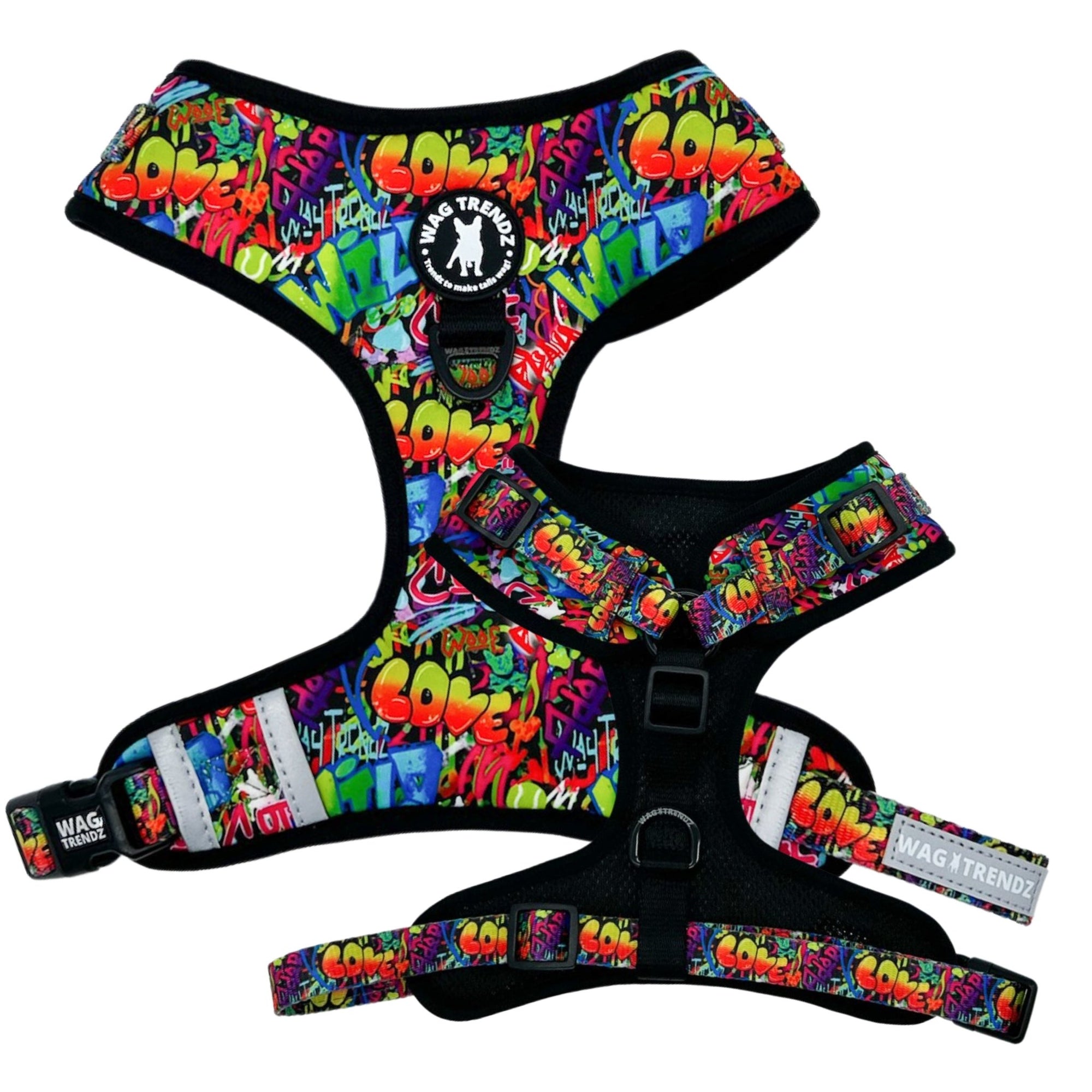 No Pull Dog Harness - Adjustable - Front Clip - multi-colored street graffiti on dog harness against solid white background - chest and back view - Wag Trendz