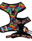 No Pull Dog Harness - Adjustable - Front Clip - multi-colored street graffiti on dog harness against solid white background - chest and back view - Wag Trendz