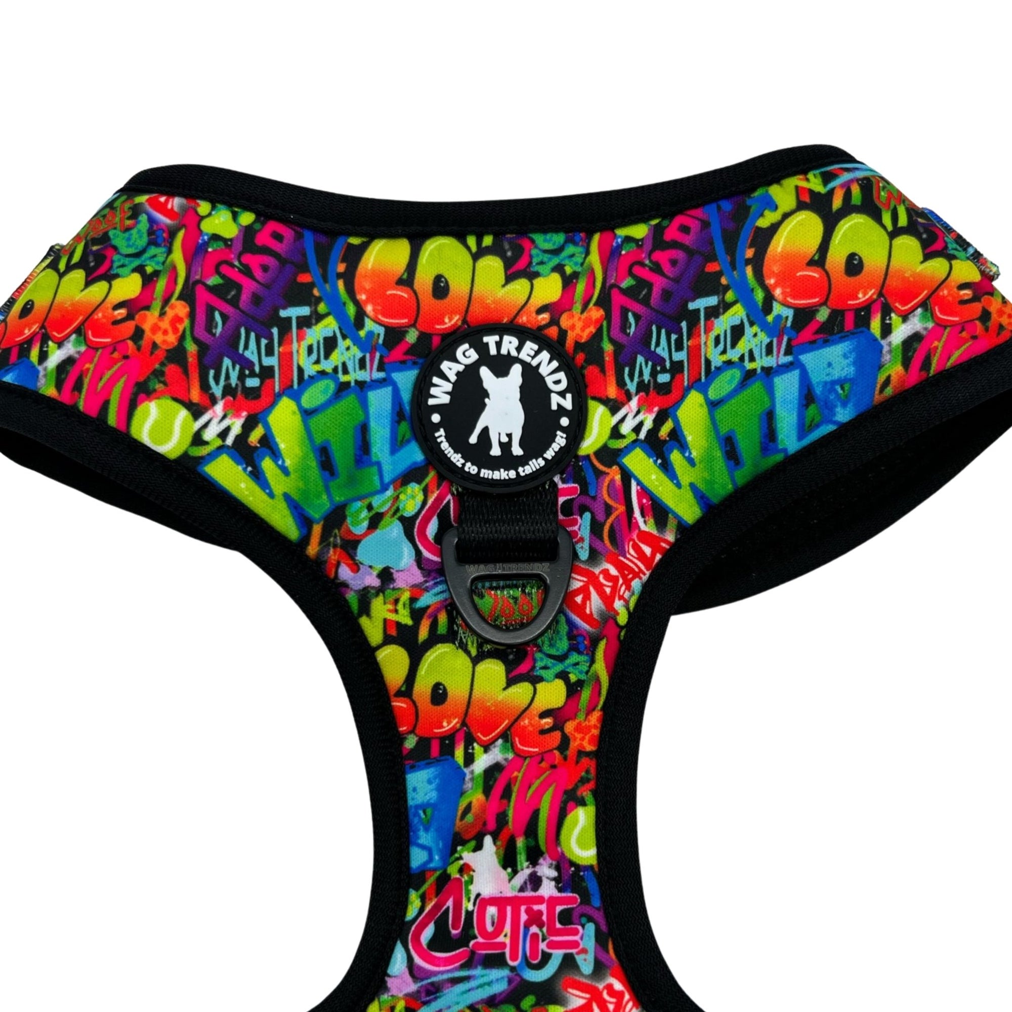 No Pull Dog Harness - Adjustable - Front Clip - multi-colored street graffiti on dog harness against solid white background - up close chest view - Wag Trendz