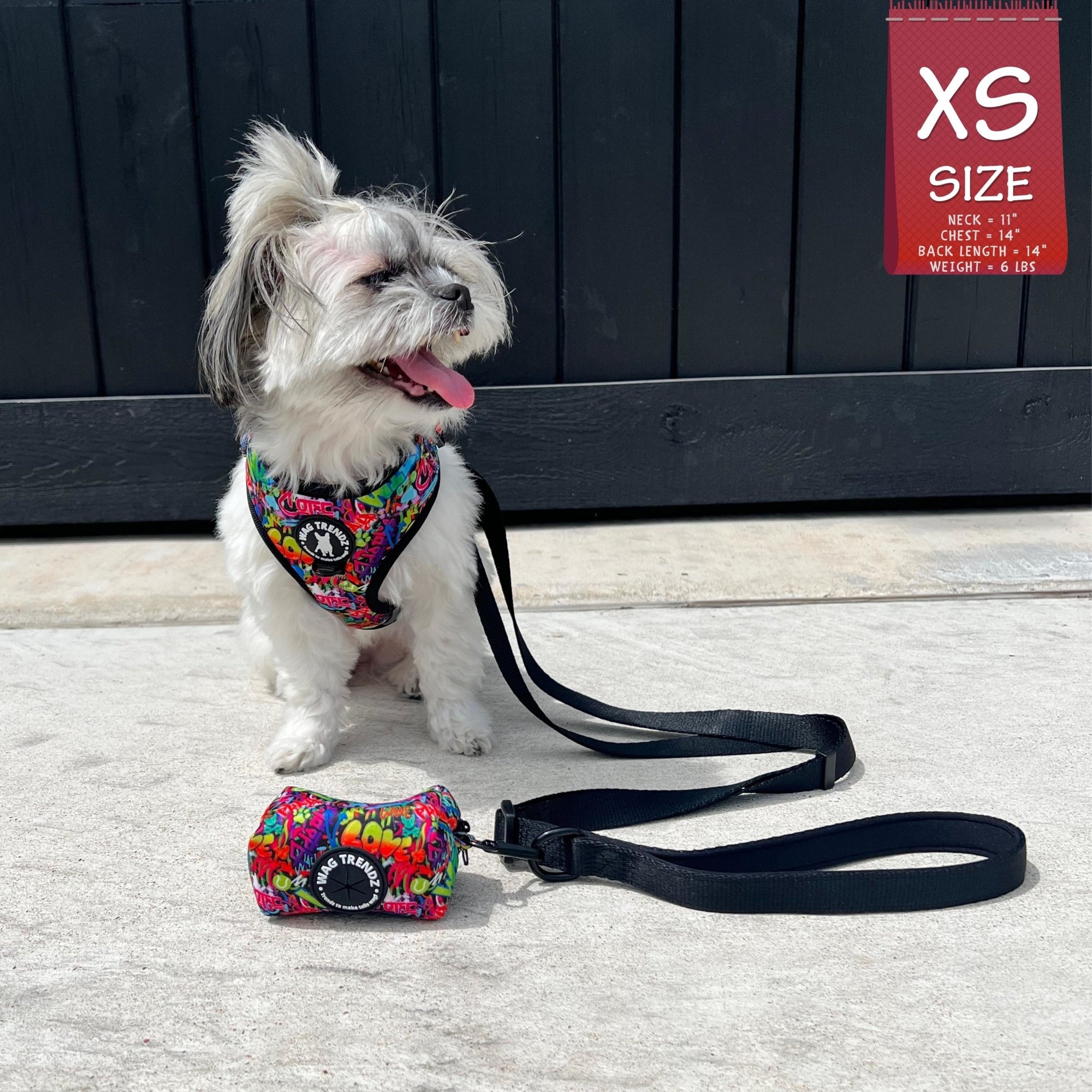 No Pull Dog Harness - Adjustable - Front Clip - worn by cute Shih Tzu mix sitting outside - multi-colored street graffiti design - Wag Trendz