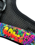 No Pull Dog Harness - Adjustable - Front Clip - multi-colored street graffiti on dog harness against solid white background - up close strap view - Wag Trendz