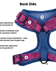 Dog Harness Vest - Adjustable - Bandana Boujee Hot Pink Dog Harness with Denim Accents - back view - with product feature captions against solid white background - Wag Trendz