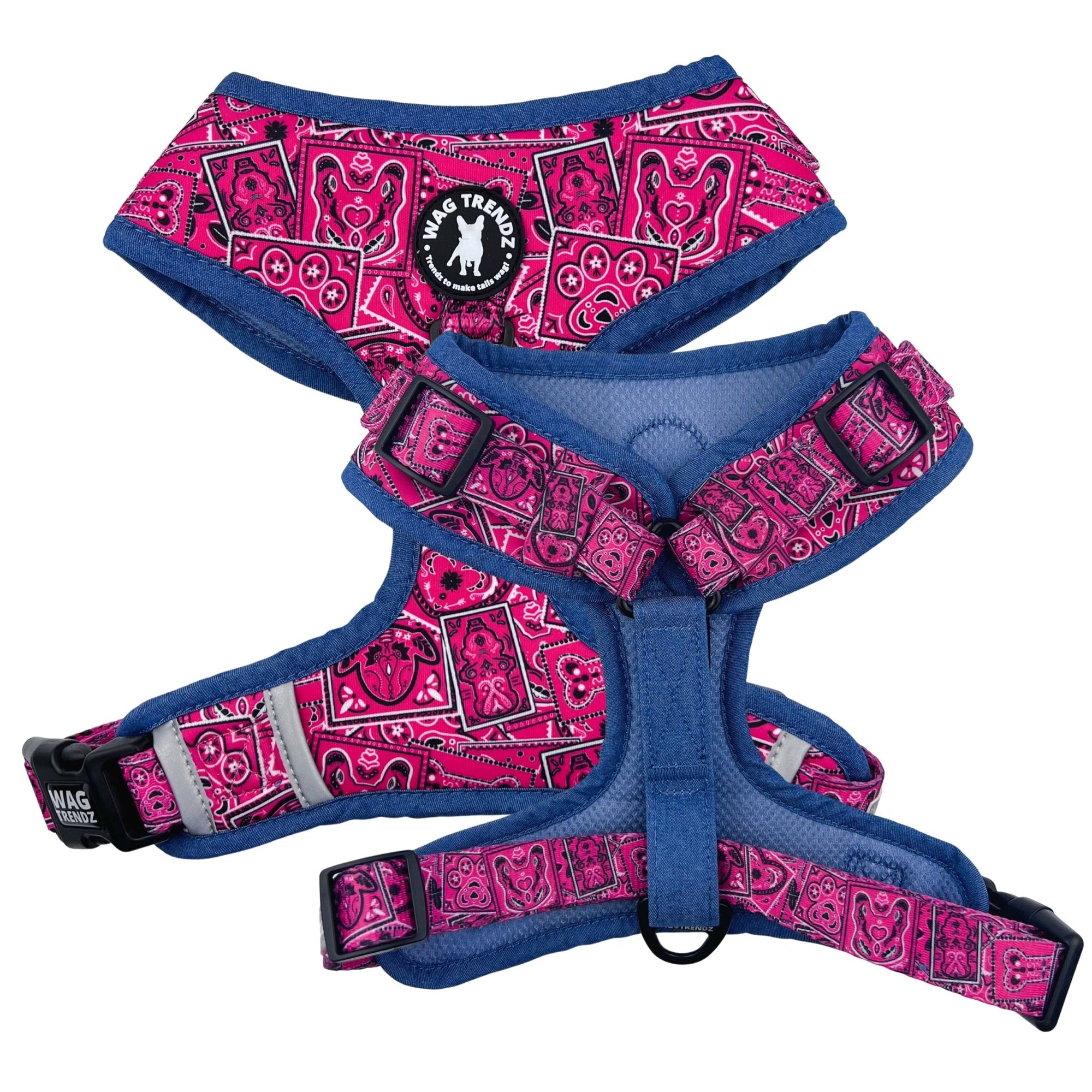 Dog Harness Vest - Adjustable - Bandana Boujee Hot Pink Dog Harness with Denim Accents - chest &amp; back view - against solid white background - Wag Trendz