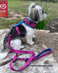 Dog Harness Vest - Adjustable - Shih Tzu wearing Bandana Boujee Hot Pink Dog Harness with Denim Accents with matching leash attached - side view sitting outdoors on a rock - Wag Trendz