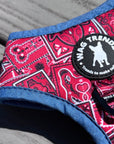 Dog Harness Vest - Adjustable - Red Bandana Boujee Harness with Denim Accents - a canine inspired design - laying outdoors on a grey deck  - Wag Trendz