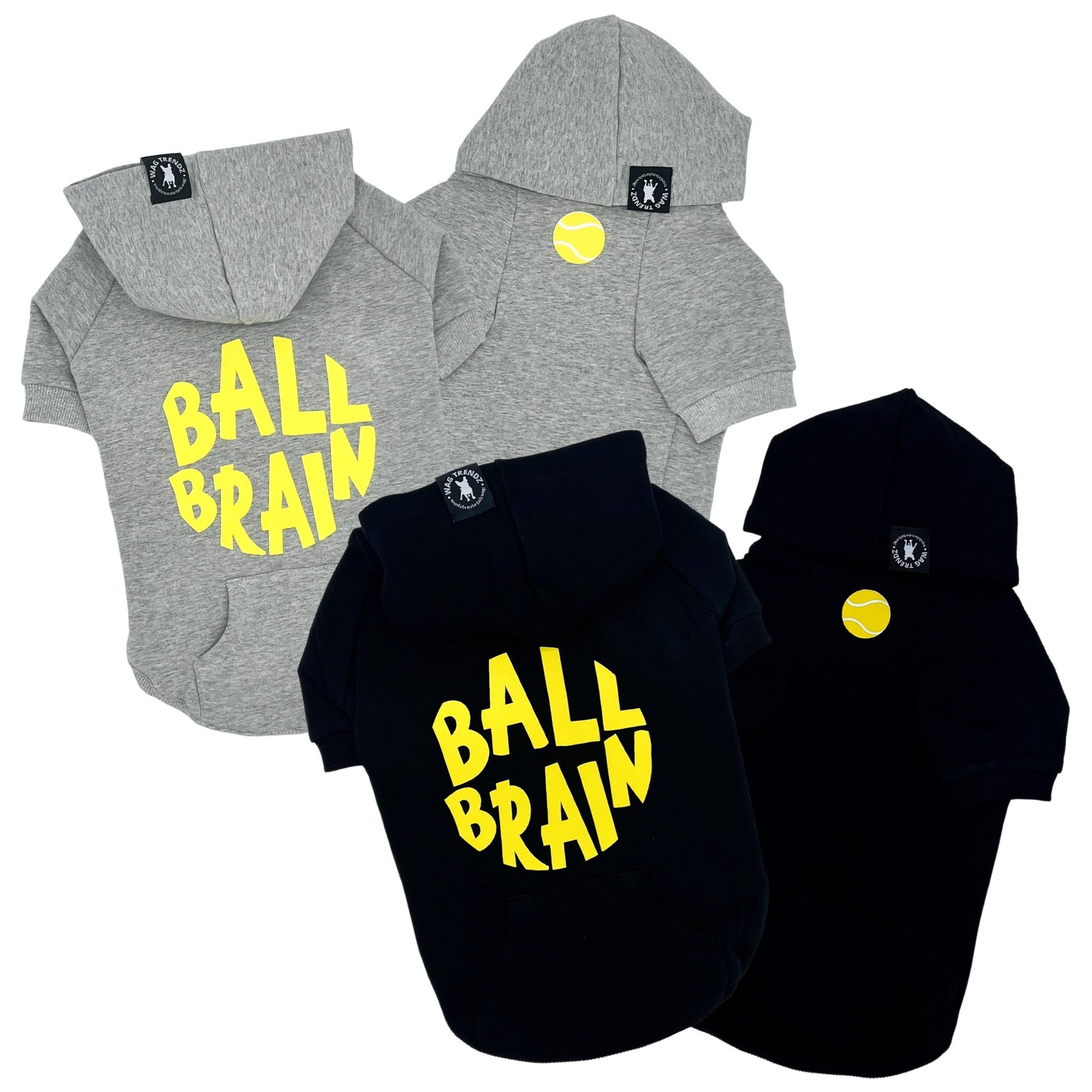 Dog Hoodie - Hoodies For Dogs - Ball Brain dog hoodie in gray &amp; black front and back view with tennis ball and ball brain in yellow - against a solid white background - Wag Trendz