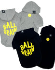 Dog Hoodie - Hoodies For Dogs - Ball Brain dog hoodie in gray & black front and back view with tennis ball and ball brain in yellow - against a solid white background - Wag Trendz