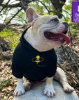 Dog Hoodie - Hoodies For Dogs - French Bulldog wearing "Bee Kind" dog hoodie in black with swarming yellow bee emoji on chest - sitting outdoors against a fall background - Wag Trendz