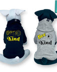 Dog Hoodie - Hoodies For Dogs - Two stuffed dogs one black one white wearing "Bee Kind" dog hoodies in gray and black - Bee Kind and hive on back - against solid white background - Wag Trendz