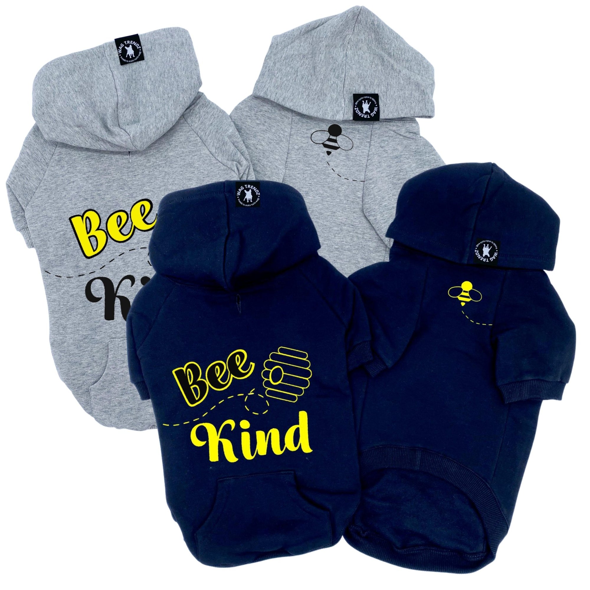 Dog Hoodie - Hoodies For Dogs - &quot;Bee Kind&quot; dog hoodies in gray &amp; black sets front and back views with Bee Kind and hive on back and swarming bee emoji on front chest - Wag Trendz
