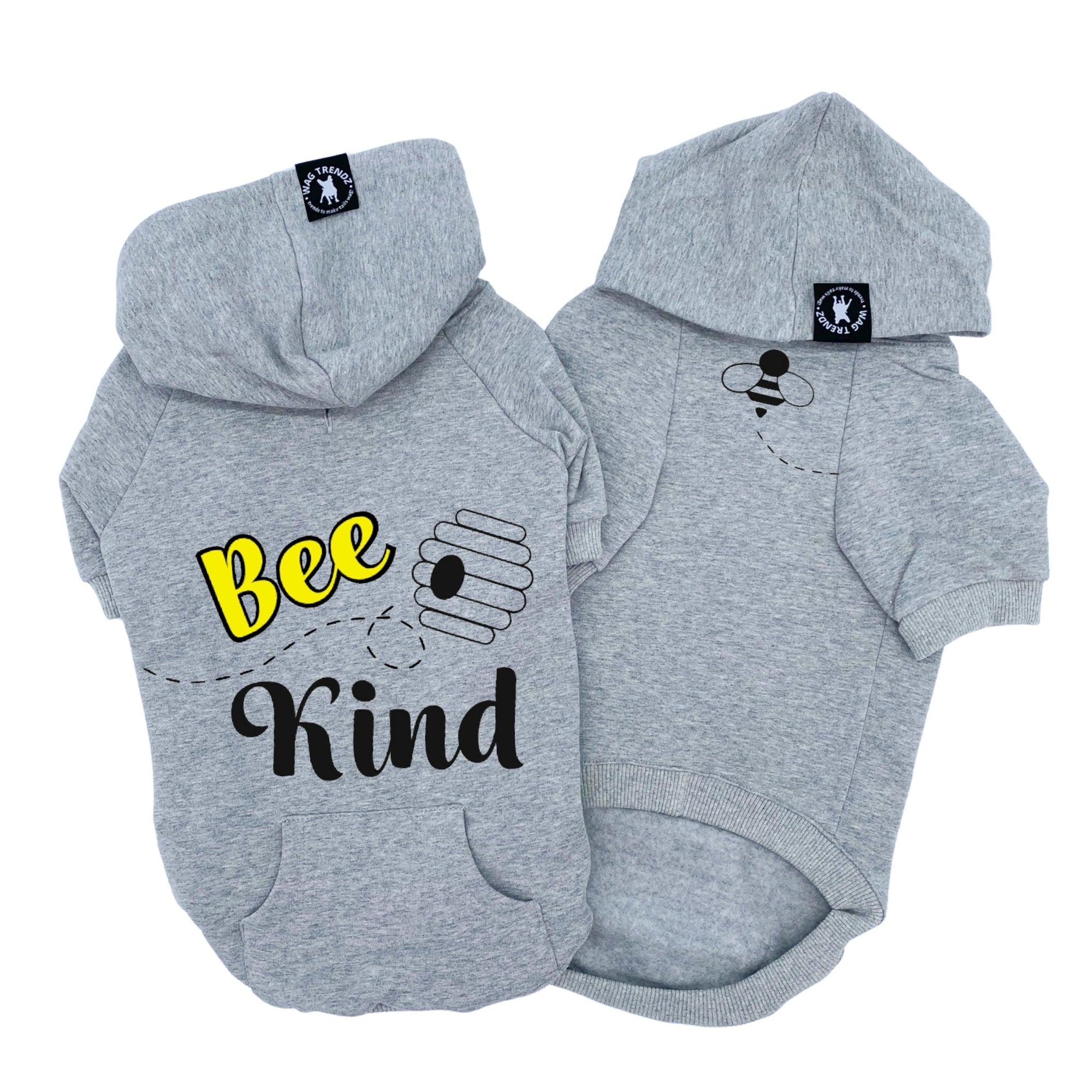 Dog Hoodie - Hoodies For Dogs - &quot;Bee Kind&quot; dog hoodie in gray - Bee Kind and hive on back and swarming bee emoji on front chest side - against solid white background - Wag Trendz