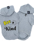 Dog Hoodie - Hoodies For Dogs - "Bee Kind" dog hoodie in gray - Bee Kind and hive on back and swarming bee emoji on front chest side - against solid white background - Wag Trendz