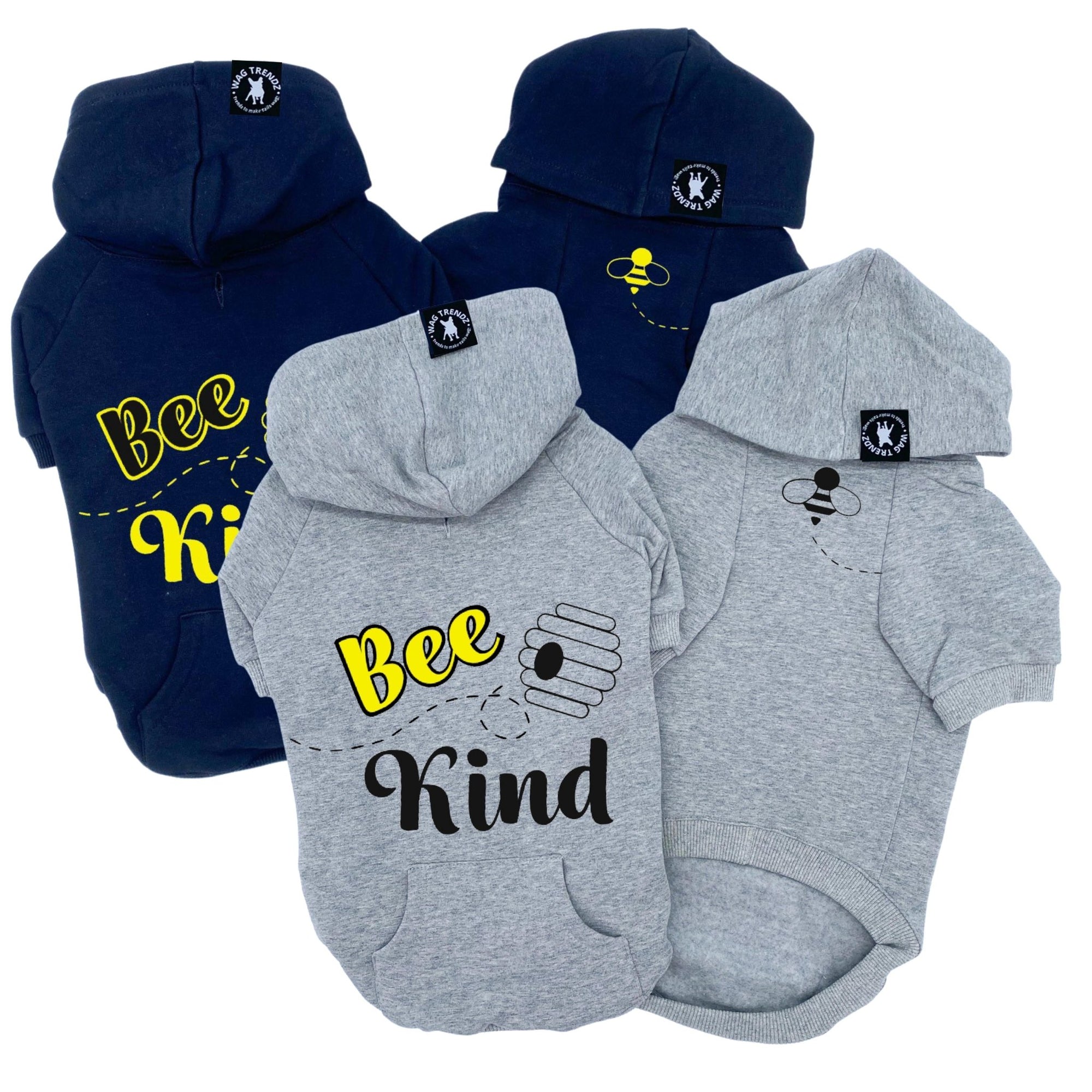 Dog Hoodie - Hoodies For Dogs - &quot;Bee Kind&quot; dog hoodie in black &amp; gray sets front and back views with Bee Kind and Hive on back and swarming bee emoji on front chest - against a solid white background - Wag Trendz