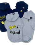 Dog Hoodie - Hoodies For Dogs - "Bee Kind" dog hoodie in black & gray sets front and back views with Bee Kind and Hive on back and swarming bee emoji on front chest - against a solid white background - Wag Trendz