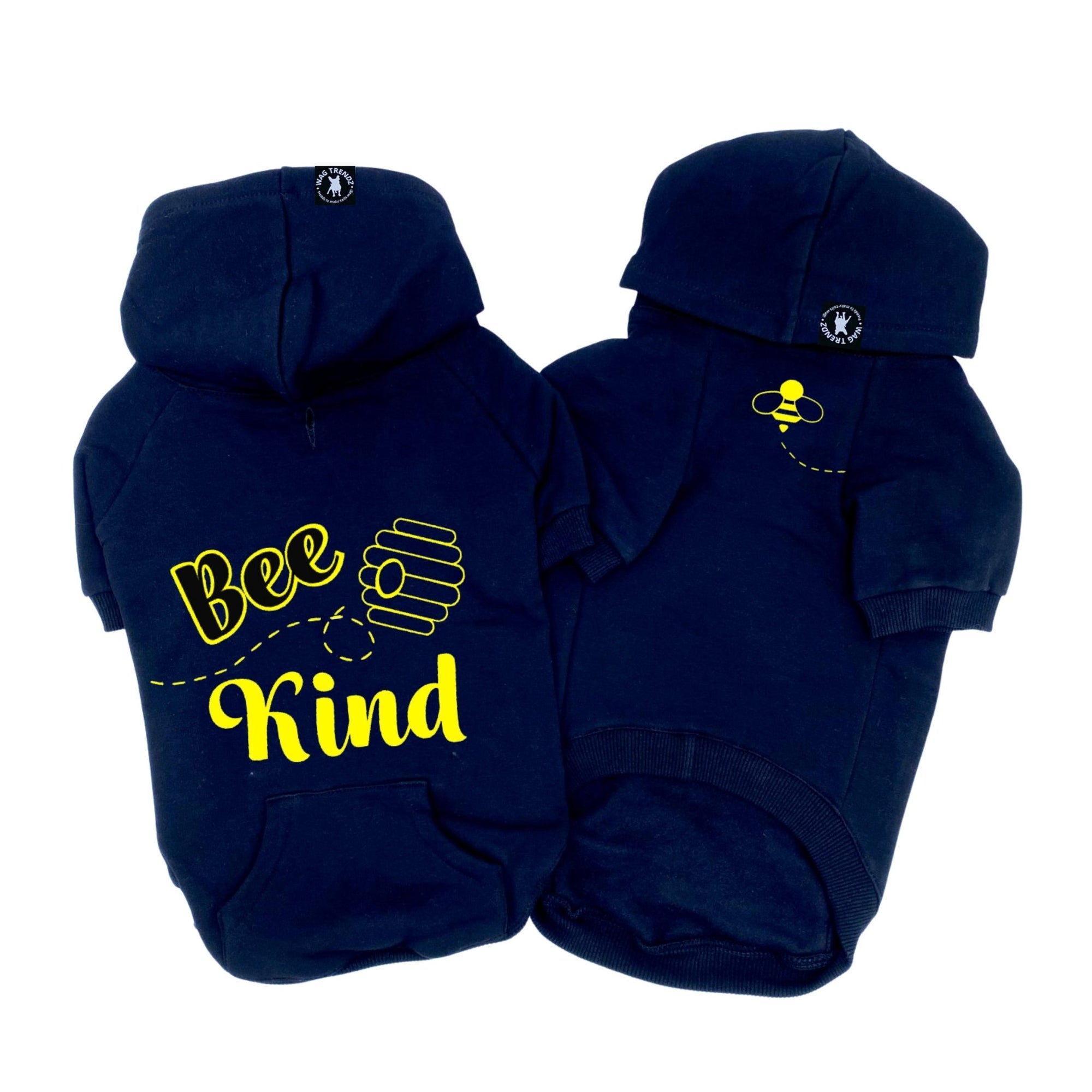 Dog Hoodie - Hoodies For Dogs - "Bee Kind" dog hoodie in black - front and back view with Bee Kind and hive on back and swarming bee emoji on chest side - against solid white background- Wag Trendz