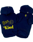 Dog Hoodie - Hoodies For Dogs - "Bee Kind" dog hoodie in black - front and back view with Bee Kind and hive on back and swarming bee emoji on chest side - against solid white background- Wag Trendz