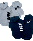 Dog Hoodie - Hoodies For Dogs - "BRUH" in gray and black sets - BRUH dog hoodie in vertical on the back and smirk faced French Bulldog with sunglasses on the front in black - against solid white background - Wag Trendz